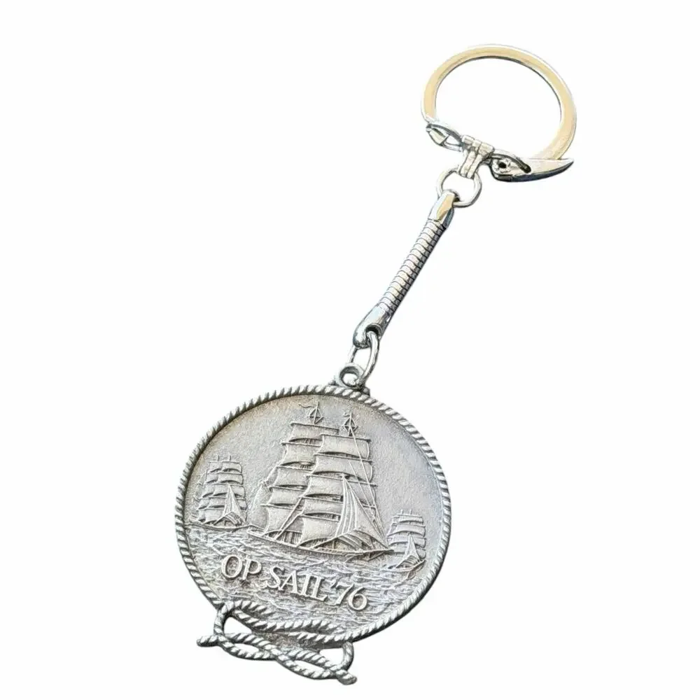 OP Sail '76 Clipper Ship Pewter Keychain Medallion Key Ring Sailing Sailboat